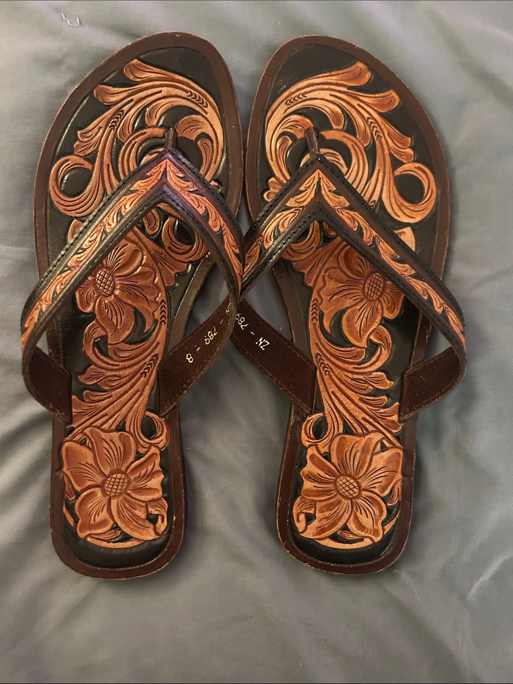 Tooled/Embossed Leather Floral Flip Flops - Brown